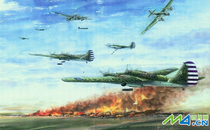图:油画sb2轰炸机机群轰炸日军松山基地     完成任务的sb轰炸机