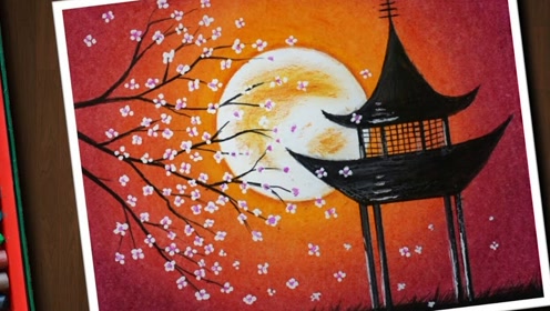 趣味艺术画:画漂亮亭子 梅花夜景
