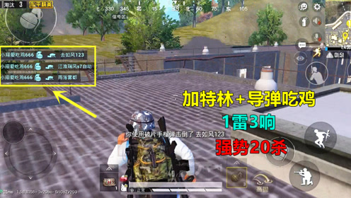 和平精英:加特林 导弹20杀吃鸡,一颗手雷炸倒3人,太强了!