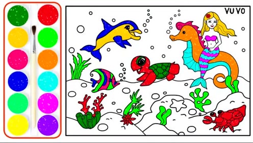 益智亲子色彩绘画涂鸦早教,教小朋友学画画给海洋生物涂颜色