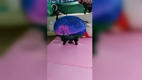 鹅卵石彩绘,星空下的樱花树