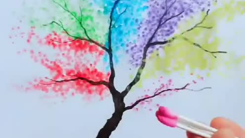 水彩画,棉签沾颜料画彩色的树,这个真的谁都能学会!