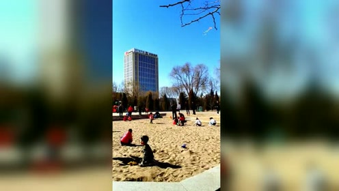 晴朗的春天，鄂尔多斯的公园里，玩沙子的，春游的人玩的真有趣