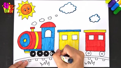 儿童画彩虹小火车