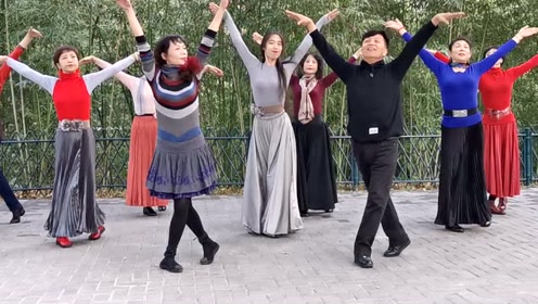 北京紫竹院公园,男老师和杜老师共同领舞广场舞,表情