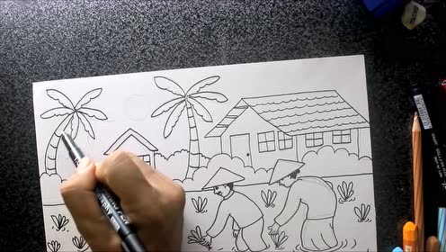 怎么画春天插秧场景风景画蜡笔画