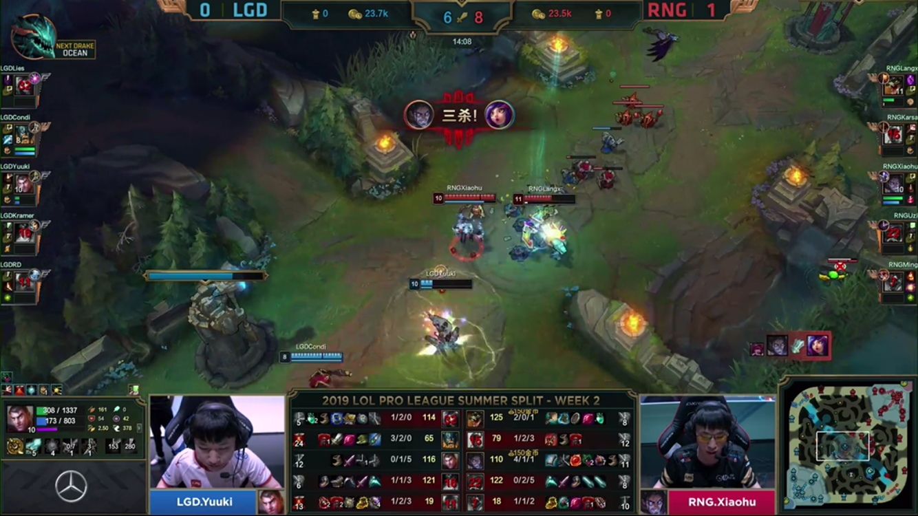 双方经济基本持平,随后lgd利用视野偷打大龙,karsa盲僧抢龙失败被击杀