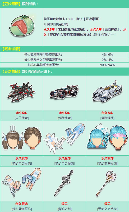 赠送豆沙青团,有机会得永久s车【末日使者/炼狱使者】,永久a车【蓝隐