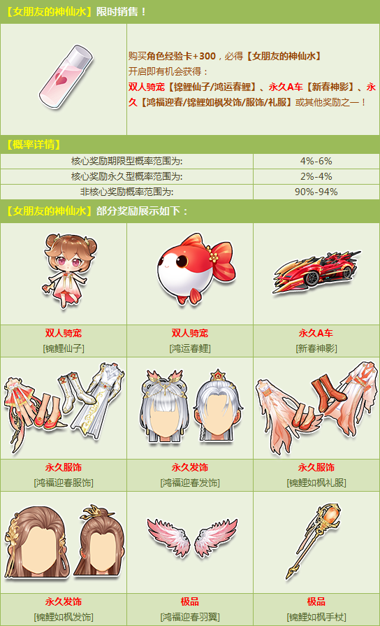 赠送女朋友的神仙水,有机会得双人骑宠【锦鲤仙子/鸿运春鲤】,永久a车
