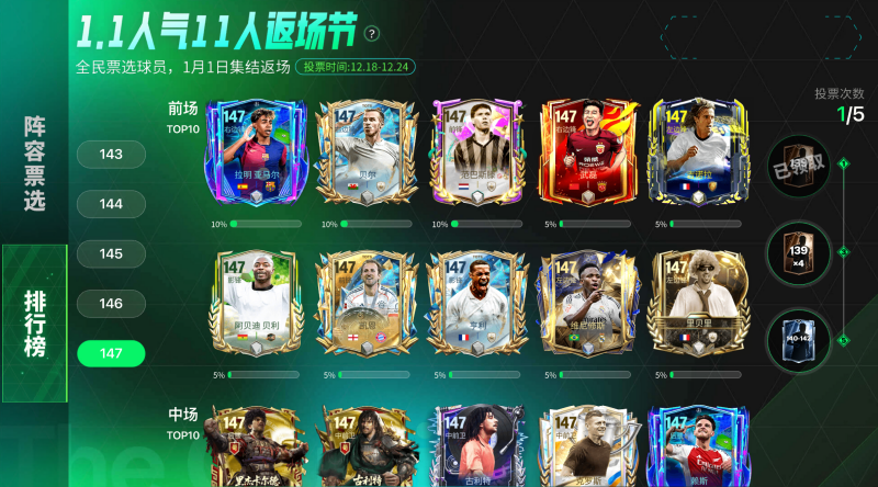 更新爆料丨冬季英超活动全新上线，1.1人气11人返场节投票开启！