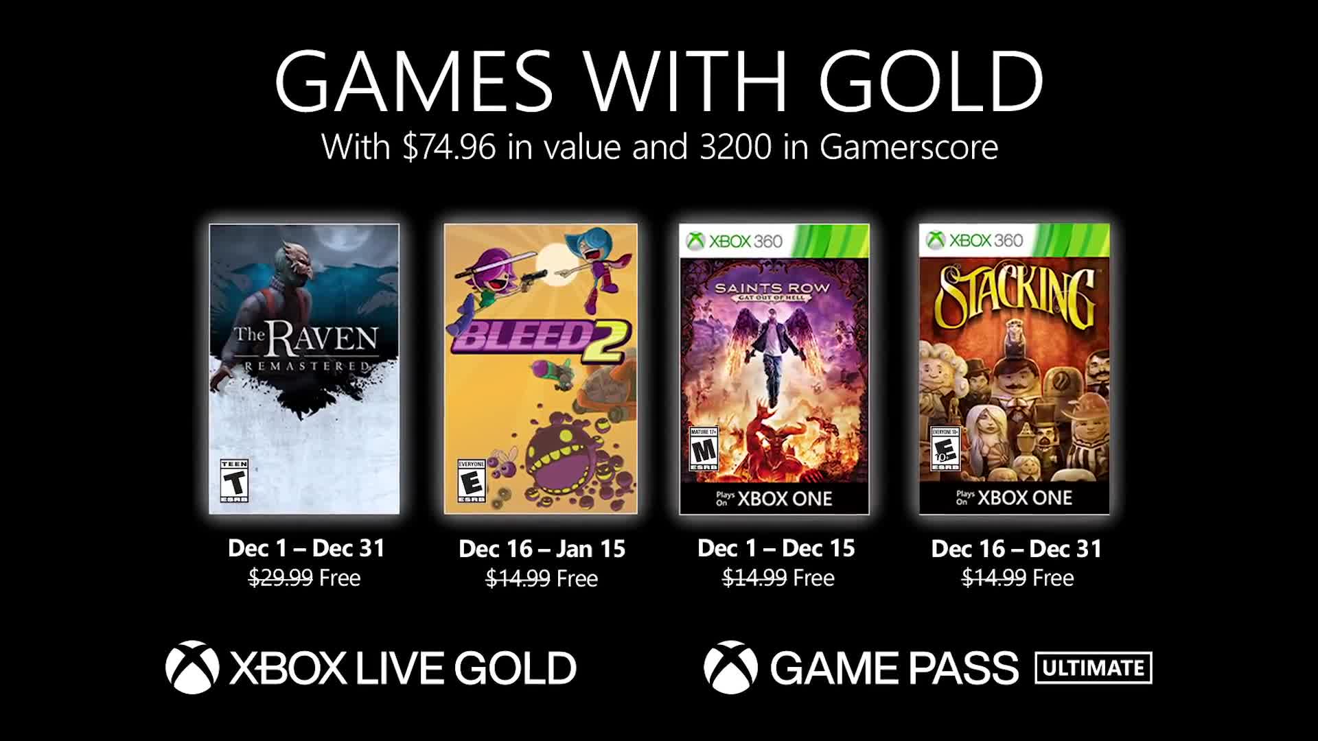 Xbox 12 月金会员免费游戏公布